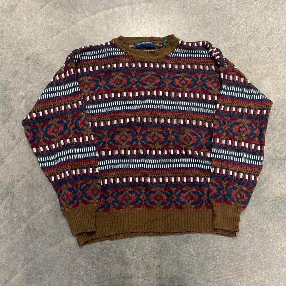 Vintage Patterned Sweater Knit Geometric Pullover Indie Cozy Pullover XL